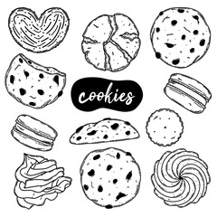 Set of various crackers, snacks, chocolate chip cookies illustration, draft silhouette drawing. Chocolate, oatmeal, black on white line art
