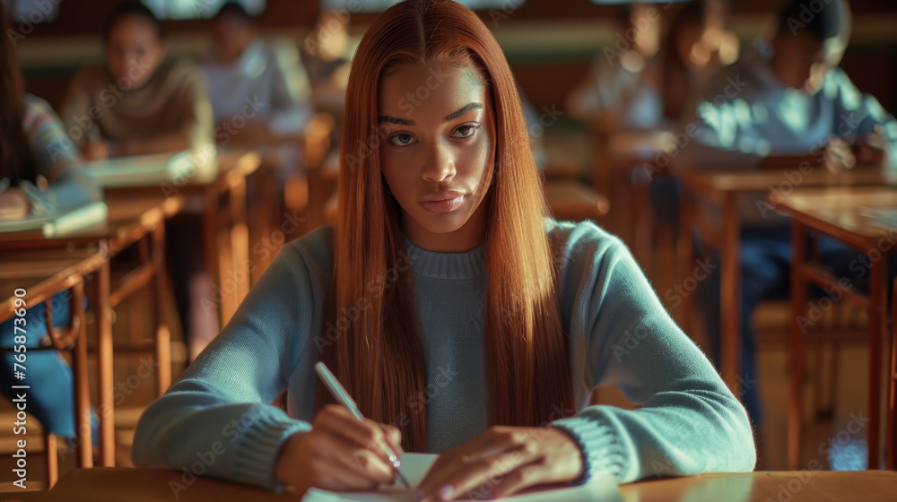 Poster student is writing an exam in a classroom setting.