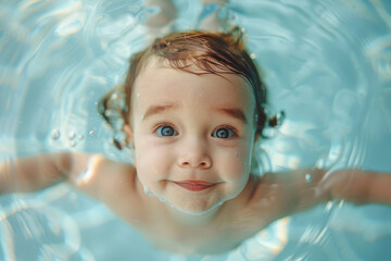 Fototapeta na wymiar A young baby girl is swimming in a pool and smiling. The water is clear and blue. Cute little baby swimming underwater in the pool, smiling at the camera. Underwater kid portrait in motion.