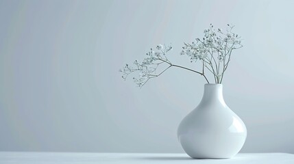 A UHD close-up of a single white ceramic vase placed on a pristine white surface, with empty space...