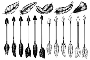 Set of ethnic of bow arrows and bird feathers in engraving style. Vector illustration in boho style