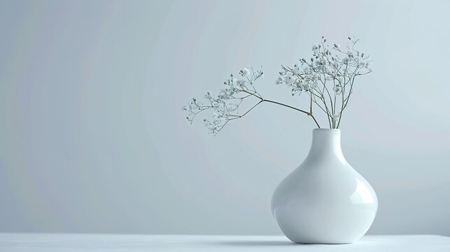 A UHD close-up of a single white ceramic vase placed on a pristine white surface, with empty space around it perfect for incorporating branding or promotional elements.