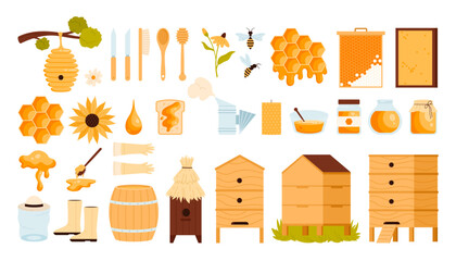 Honey products and apiary set. Beekeeping collection with honey jars and honeycomb, wooden house and hive on tree for bees, dipper stick and glass bottle, beekeepers tools cartoon vector illustration - obrazy, fototapety, plakaty