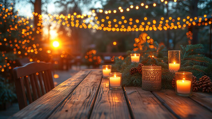 Christmas outdoor in rustic wood table decorations blurred background