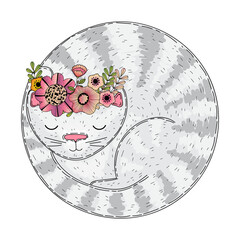 Cute cartoon vector sleeping cat, flowers and leaves isolated on white background