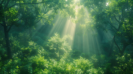 Sunlight in the forest. Created with Ai - obrazy, fototapety, plakaty