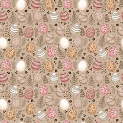 Seamless Easter pattern with doodle ornamental eggs and colorful confetti. Vintage spring easter holiday colorful background. Eggs, flowers, leaves, berries