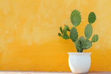 A bright green cactus in a white ceramic pot against a pastel yellow wall
