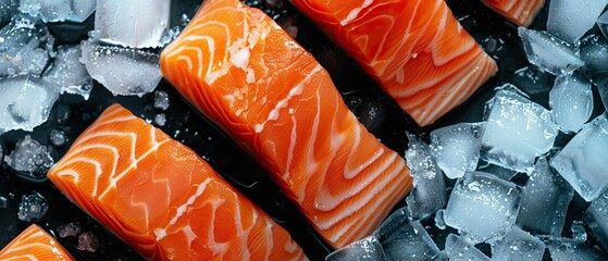 A minimalist design of salmon fillets on ice with a focus on simplicity and purity - obrazy, fototapety, plakaty