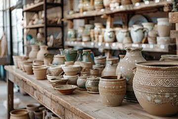 Fototapeta na wymiar A rustic pottery studio with handmade ceramics lined up each piece a unique expression of art