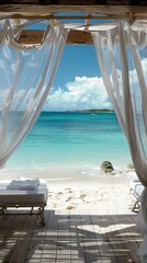 A private beach cabana with sheer curtains and a view of turquoise waters