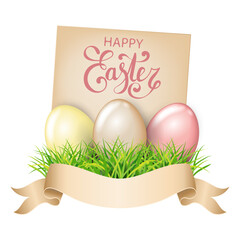 Easter eggs in green grass, paper with text and ribbon. Isolated on white background. Element for festive easter design