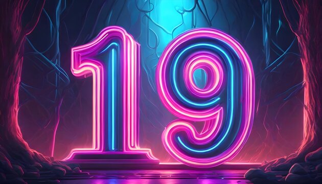 3d neon light number 19 glowing in the dark, pink blue neon light 