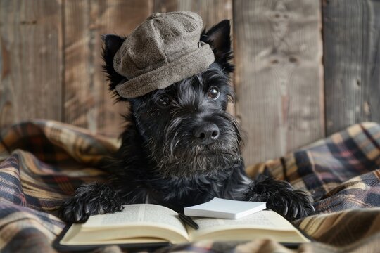 A Scottish terrier dressed as a vintage newspaper reporter with a press hat and notepad