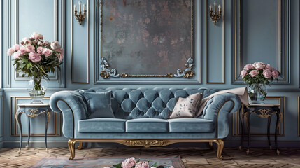 Hall interior in a classic style, blue sofa made of wood, in velvet fabric, blue walls, table, vase and bouquet of peonies