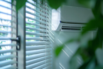 Modern Air Conditioner on a Wall Indoors. A contemporary wall-mounted air conditioning unit in a bright, green-tinged room, viewed through white blinds.