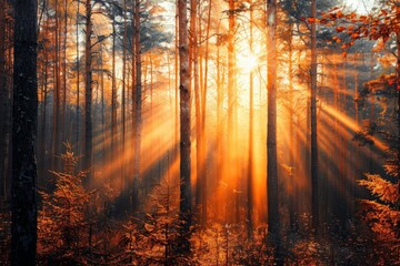The suns rays filter through the dense forest canopy, creating a play of light and shadow on the forest floor