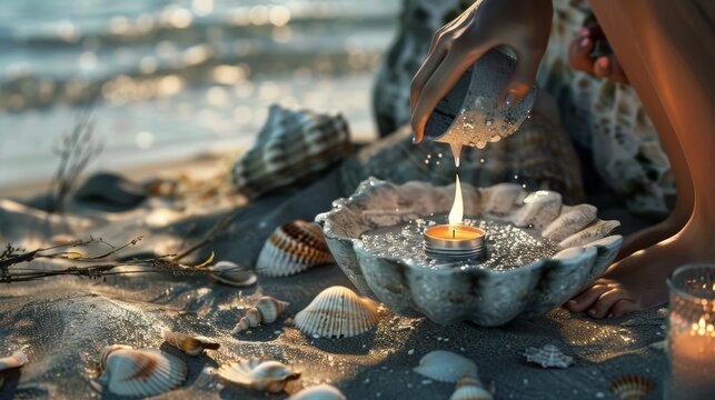 Person Lighting Candle in Bowl on Beach