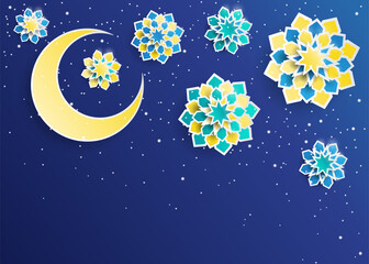 Paper graphic of islamic crescent moon, star shape. Islamic decoration. Ramadan Kareem holiday background. Blue and yellow