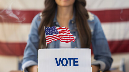 Young woman behind a cardboard ballot box with the USA flag for the presidential election.