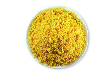 traditional indian gujrati tea time snack food namkeen sev or vermicelli fry noodles of chickpea flour or besan,cutout transparent background,png format,top view