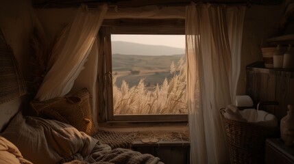  a bedroom with a view of a field outside of the window and a bed with a blanket on top of it.
