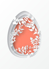 Easter paper art spring forest with branches, leaves,  climbers. Easter egg shape. Holiday