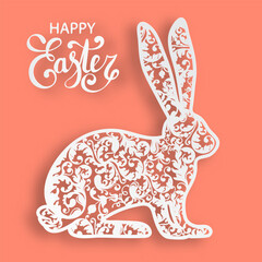 Easter paper art with cute ornate rabbit with floral motifs. Holiday origami concept. Paper carved hare. Holiday design