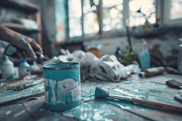 Can of Paint on Table - obrazy, fototapety, plakaty