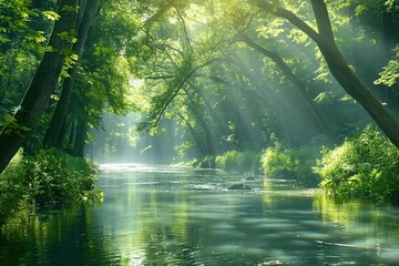 A tranquil river winding through a peaceful forest, with sunlight streaming through the canopy above