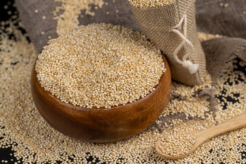 scattered white quinoa seeds, close up