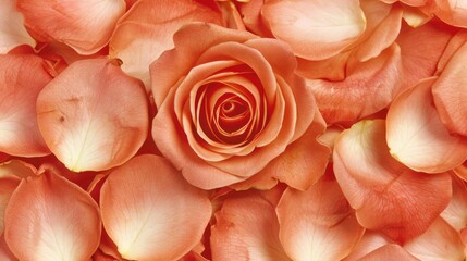 Background with rose bud and peach color petals, floral banner