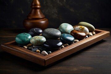 A stack of smooth, warm spa stones arranged in a perfect pyramid atop a rustic wooden tray, contrasting against a deep, moody background 