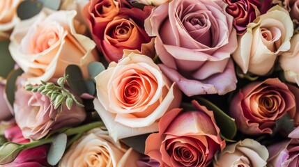  a close up of a bunch of pink and orange roses with green leaves on the top of the stems and bottom of the stems.