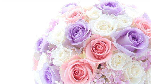  a bouquet of pink, purple, and white roses on a white background for a wedding or bridal photo.