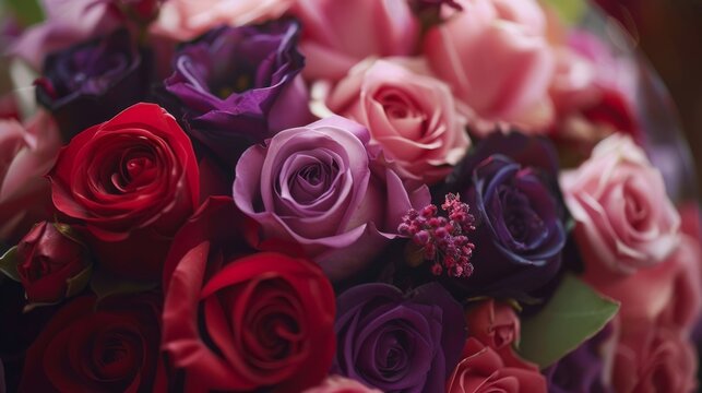  a vase filled with lots of purple and red flowers next to a vase filled with red and purple flowers on a table.