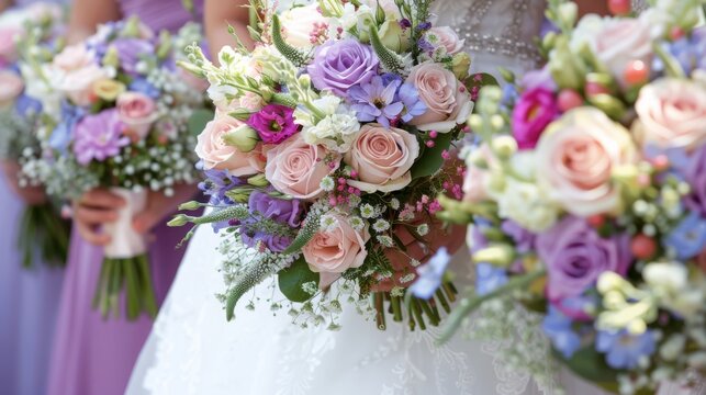  a bride and her bridesmaids holding bouquets of pink, purple, and white flowers in their hands.