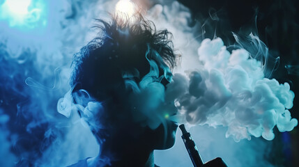 A person exhales smoke or vapor, illuminated by a blue light, creating an otherworldly atmosphere. Smoking vaping, hookah. Ethereal Exhalation. - obrazy, fototapety, plakaty