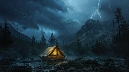 Amidst the dense forest, a lightning-dark tent emerges as the centerpiece of the night camping scene - Powered by Adobe