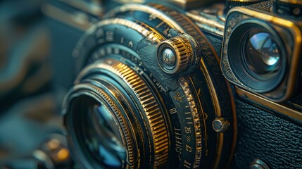 A close-up of a vintage camera, focusing on its lens and dials, evoking a sense of nostalgia and craftsmanship - obrazy, fototapety, plakaty
