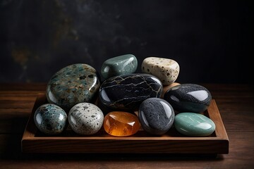 A stack of smooth, warm spa stones arranged in a perfect pyramid atop a rustic wooden tray.
