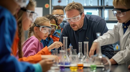 A fun event is taking place in a lab where a group of children are conducting a science experiment, using tableware, drinkware, bottles, and sharing non-alcoholic beverages. AIG41