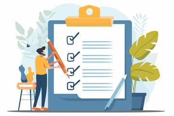 Task Management Checklist - Business People with Clipboards, Pencils Marking To-Do Lists. Checkmarks for Completed Work, Surveys, Questionnaires. Vector Illustration for Productivity, Achievement.
