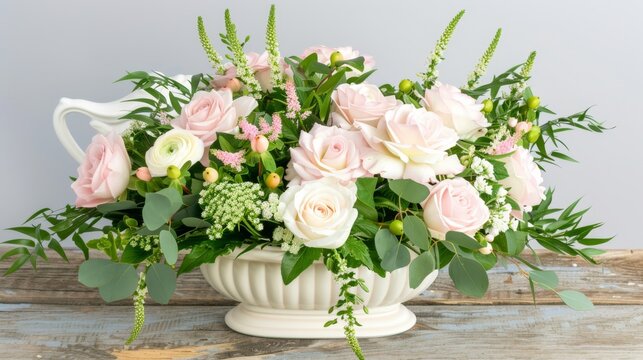  a vase filled with pink and white flowers on top of a wooden table next to a white vase filled with green and pink flowers.