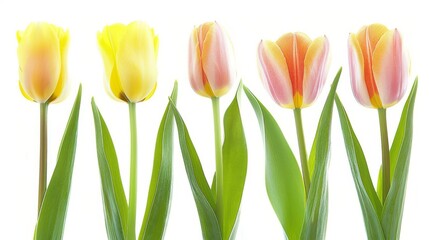  a group of pink and yellow tulips on a white background with long green stems in the foreground.