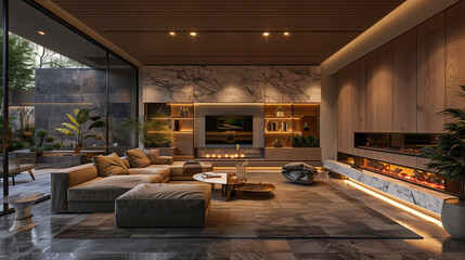 Elegant Stone Flooring and Wooden Ceiling Accentuate Luxury Living Room
