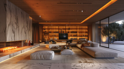 Sophisticated Marble TV and Fireplace Centerpiece in Open Living Space
