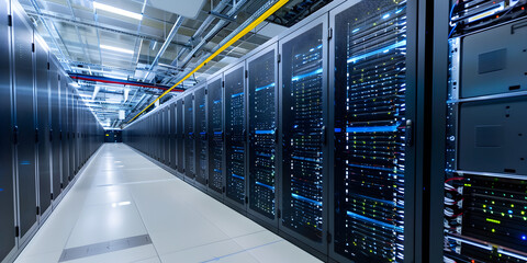 Server room data center. Backup mining hosting mainframe farm and computer rack with storage information. 3d render.