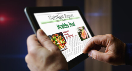 Healthy food newspaper on mobile tablet screen