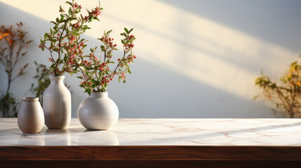 Plants in vase on empty marble table, soft sunlight and shadows